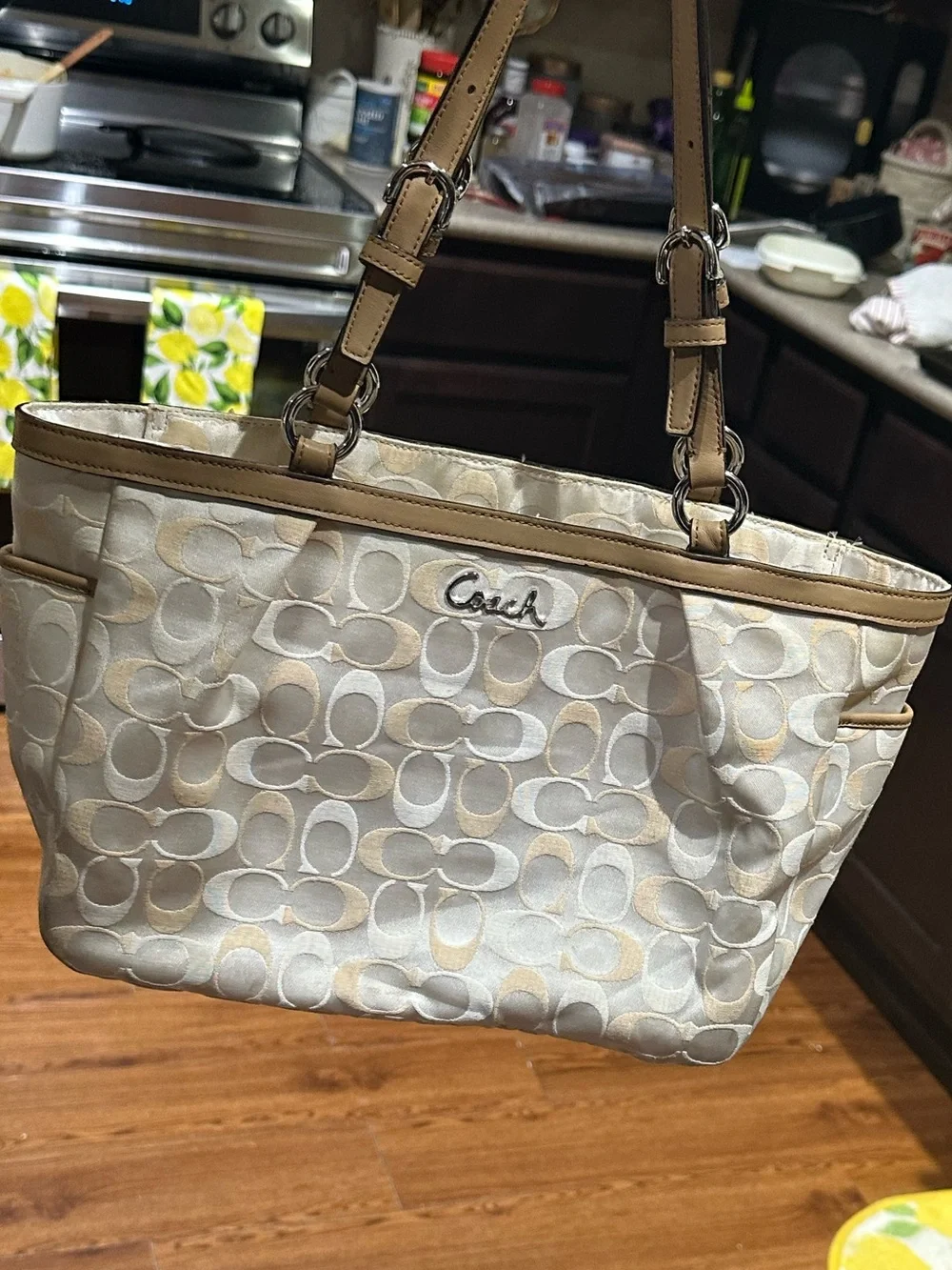 Coach Cream and Tan Signature Tote